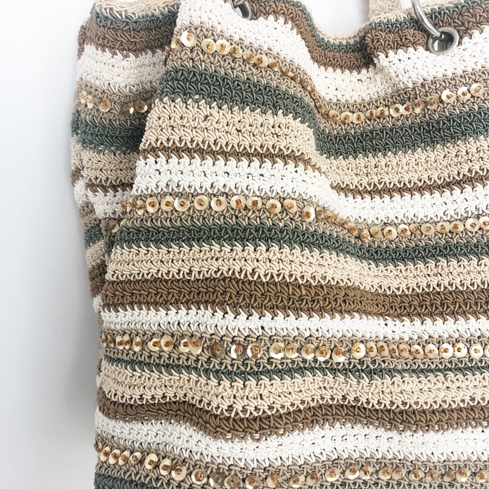 Boho Tan White Green Striped Sequin Hobo Woven Bag - Picture 3 of 8